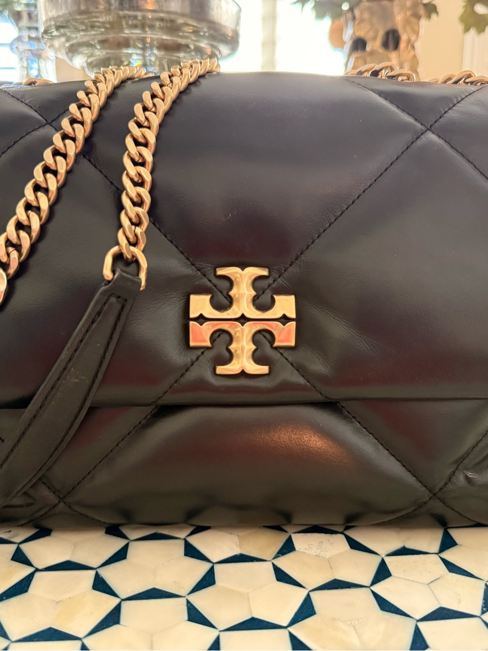 Tory Burch Black Kira Diamond Quilt Leather Shoulder Bag with Gold Chain
